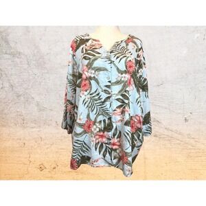 Naturals d&co Linen Viscose Tropical Botanical Tunic Top XL Lagenlook Blue